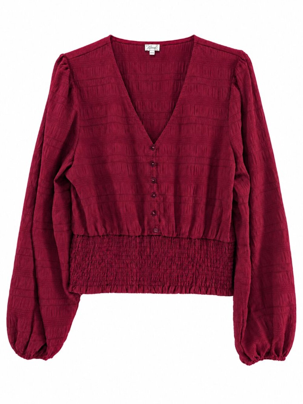 Kismet, Long Sleeve Blouse, Smocked Waist, Burgundy, Size Medium